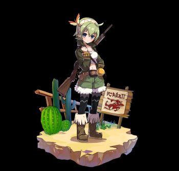 Rule 34 | 1girl, ahoge, belt, billboard, black background, black thighhighs, blush, boots, breasts, brown belt, brown boots, cactus, closed mouth, collared jacket, crop top, fence, full body, green hair, green jacket, green shorts, grey eyes, gun, hair between eyes, hairband, highres, holding, holding gun, holding weapon, jacket, kalina (merc storia), medium breasts, merc storia, merc storia art team, official art, open clothes, open jacket, short hair, shorts, simple background, solo, standing, tachi-e, tank top, thighhighs, weapon, white tank top, wooden fence