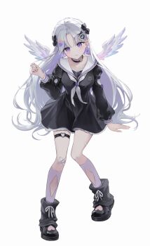 1girl absurdres ayatsuno_yuni bandaid bandaid_on_knee bandaid_on_leg bbony_0_0 black_bow black_collar black_dress black_shoes black_socks bow collar commentary cross-shaped_pupils dress feathered_wings frilled_dress frills full_body gradient_hair hair_bow hair_ornament heart heart_hair_ornament heart_o-ring highres invisible_chair kneehighs long_hair loose_socks multicolored_hair multiple_hair_bows neckerchief o-ring o-ring_thigh_strap playing_with_own_hair purple_eyes purple_socks ribbon sailor_collar shoes simple_background sitting socks solo stellive symbol-only_commentary symbol-shaped_pupils thigh_strap very_long_hair virtual_youtuber white_background white_hair white_neckerchief white_ribbon white_sailor_collar wings x_hair_ornament