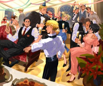3girls 6+boys arm_around_shoulder armin_arlert beard black_bow black_bowtie black_hair black_necktie black_shirt black_shoes black_vest blonde_hair blue_skirt bow bowtie breasts brown_dress brown_hair cake chair champagne_flute cleavage closed_eyes collared_shirt connie_springer corsage couple crossed_legs cup dress drinking_glass eren_yeager eyepatch facial_hair facial_scar fireworks flower food full_body furrowed_brow grey_jacket grey_sweater grey_vest hair_bun hat hetero highres holding holding_cup indoors instrument jacket jean_kirstein jewelry juliet_sleeves kazoo kiss kissing_cheek kiwie_marinep krista_lenz leaning_forward light_blush long_dress long_skirt long_sleeves marco_bott medium_breasts medium_hair mikasa_ackerman multiple_boys multiple_girls necktie one_eye_closed open_mouth pants parted_bangs parted_lips party party_hat pink_dress pink_shawl pinstripe_pants pinstripe_pattern pinstripe_vest plant ponytail potted_plant puffy_sleeves red_flower red_necktie red_shoes reiner_braun ring sasha_blouse scar scar_on_cheek scar_on_face shawl shingeki_no_kyojin shirt shirt_under_sweater shoes side_slit sitting skirt smile sparkler sweater vest waistcoat white_shirt