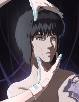1girl black_hair blue_eyes cable cyberpunk ghost_in_the_shell gloves highres kusanagi_motoko medium_hair science_fiction solo subdermal_port valantains white_gloves