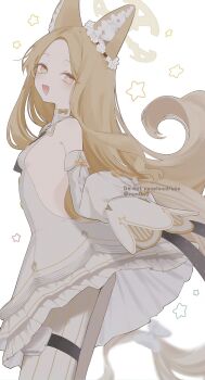 1girl :d animal_ear_fluff animal_ears backless_dress backless_outfit bare_shoulders black_necktie blonde_hair blue_archive bow breasts buttons cross_halo detached_sleeves dot_nose dress flower fox_ears fox_girl fox_tail frilled_dress frills from_side hair_flower hair_ornament halo highres loli long_hair looking_at_viewer necktie nun0n0 open_mouth pantyhose pouch seia_(blue_archive) sideboob simple_background sleeve_bow sleeves_past_fingers sleeves_past_wrists small_breasts smile solo standing star_(symbol) star_symbol_background striped_clothes striped_pantyhose tail tail_bow tail_ornament thigh_gap thigh_pouch twitter_username vertical-striped_clothes vertical-striped_pantyhose very_long_hair white_background white_bow white_dress white_pantyhose white_sleeves yellow_bow yellow_eyes yellow_halo