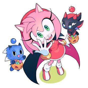 1girl absurdres amy_rose animal_ears black_cape blush boots bracelet cape chao_(sonic) dark_chao dress from_above furry furry_female gloves gold_bracelet green_eyes halloween_bucket halloween_costume highres jack-o&#039;-lantern jewelry looking_at_viewer multicolored_boots neutral_chao onokioni open_mouth pink_boots pink_cape pink_fur red_dress shadow_chao sonic_(series) sonic_chao two-sided_cape two-sided_fabric two-tone_boots white_background white_boots white_gloves