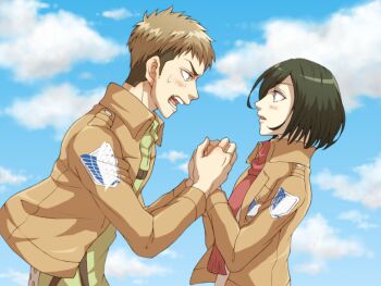 1boy 1girl affair bad_tag betrayal black_hair blush brown_hair cheating_(relationship) cloud cloudy_sky commentary_request day disgrace disgust holding_hands incest infidelity jean_kirstein long_sleeves mikasa_ackerman military_uniform multicolored_hair nervous_sweating netorare netorase ngnjaot open_mouth out_of_character outdoors red_scarf scarf shingeki_no_kyojin short_hair sky sweat two-tone_hair unfaithful