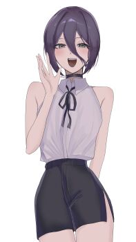 1girl black_choker black_ribbon black_shorts chainsaw_man choker collared_shirt commentary_request grenade_pin grey_shirt hair_between_eyes haru_(jfwh2842) highres neck_ribbon open_mouth partial_commentary purple_hair reze_(chainsaw_man) ribbon shirt shorts simple_background sleeveless sleeveless_shirt solo white_background