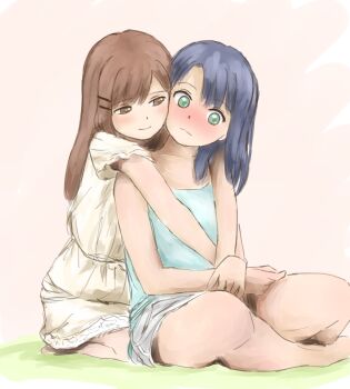 2girls adachi_sakura adachi_to_shimamura blue_camisole blue_hair blush brown_background brown_eyes brown_hair camisole closed_mouth commentary_request dress green_eyes highres hug hug_from_behind long_hair m107_hoge multiple_girls shimamura_hougetsu shorts sitting smile white_shorts yellow_dress yuri