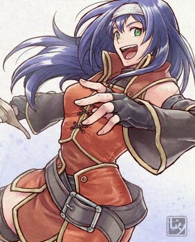 1girl belt black_gloves commentary_request detached_sleeves fingerless_gloves fire_emblem fire_emblem:_radiant_dawn gloves green_eyes hairband looking_at_viewer mia_(fire_emblem) nintendo purple_hair smile solo standing tanabanata teeth upper_teeth_only white_hairband