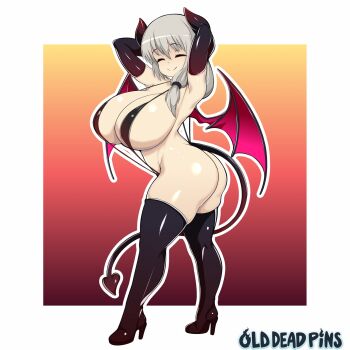 1girl arms_up ass black_slingshot_swimsuit boots breasts closed_eyes commentary curfewdraw demon_girl demon_horns demon_tail demon_wings english_commentary full_body grey_hair hair_over_shoulder hair_tie high_heel_boots high_heels highres horns huge_breasts outline second-party_source shortstack slingshot_swimsuit solo swimsuit tail thick_thighs thigh_boots thighs uzaki-chan_wa_asobitai! uzaki_tsuki watermark wings