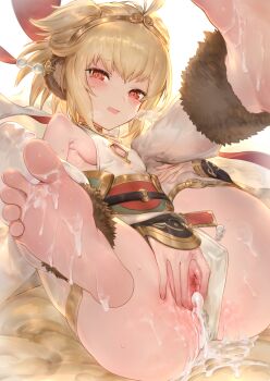 1girl aftersex andira_(granblue_fantasy) animal_ears aos barefoot blonde_hair blush breasts censored cum cum_in_pussy cum_on_body cum_on_lower_body cum_overflow erune female_focus foot_focus granblue_fantasy heavy_breathing highres looking_at_viewer monkey_ears mosaic_censoring pussy red_eyes short_hair sideboob small_breasts soles solo sweat