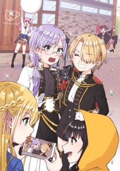 >_< 6+girls absurdres aikawa_megumi asakura_karen_(heaven_burns_red) ball black_hair black_jacket black_shorts black_skirt black_socks blonde_hair blue_jacket blush braid brown_eyes cat cellphone_photo cloak closed_eyes clothes_around_waist confetti donpa earrings fang glasses green_eyes grin hair_ornament hair_over_one_eye hair_ribbon hat heaven_burns_red highres holding hood hood_up hooded_jacket izumi_yuki_(heaven_burns_red) jacket jacket_around_waist jewelry kayamori_ruka kunimi_tama loafers long_hair long_sleeves looking_at_another multiple_girls on_head one_eye_covered open_mouth phone pink_hair pink_ribbon plaid_clothes plaid_skirt purple_hair red_ribbon ribbon round_eyewear school_uniform shirt shoes short_hair shorts skirt smile socks sweatdrop taking_picture toujou_tsukasa twintails two_side_up white_cat white_jacket white_shirt yellow_eyes