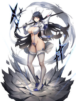 1girl absurdres armor bakuzan bikini_armor black_hair blue_eyes blue_footwear breasts carrying_over_shoulder chinese_commentary closed_mouth commentary covered_erect_nipples crack cracked_floor cross electricity eyelashes fake_horns floating_hair front-seamed_legwear full_body gloves groin hand_up headgear high_heels highres holding holding_sword holding_weapon horns jinlin junketsu kamui_(kill_la_kill) katana kill_la_kill kiryuuin_satsuki large_breasts light_smile long_hair looking_at_viewer magical_girl navel outstretched_hand revealing_clothes revision seamed_legwear shards shoulder_armor shrug_(clothing) simple_background skin_tight smoke solo standing stiletto_heels string sword thighhighs very_long_hair weapon white_background white_gloves white_thighhighs
