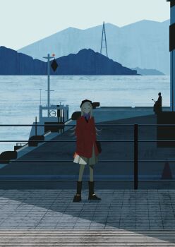 1girl absurdres boat boots coat expressionless full_body gakuen_idolmaster glasses grey_hair hat highres idolmaster long_hair looking_at_viewer ocean orange_eyes outdoors pantyhose red_coat sakutaro_(39ar_39ca) scenery shinosawa_hiro skirt solo water watercraft