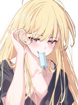 Rule 34 | 1girl, blonde hair, blush, breasts, cho kaguya-hime!, collarbone, commentary request, cuckoo ki, food, food in mouth, heart, heart-shaped pupils, highres, kaguya (cho kaguya-hime!), long hair, looking at viewer, medium breasts, no bra, popsicle, popsicle in mouth, red eyes, simple background, solo, sweat, symbol-shaped pupils, tucking hair, upper body, white background