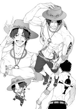 Rule 34 | 1boy, abs, arm tattoo, back tattoo, backpack, bag, belt, bracelet, chibi, commentary request, elbow pads, fire, freckles, hat, highres, jewelry, jolly roger, log pose, male focus, necklace, one piece, pearl necklace, portgas d. ace, short hair, shorts, simple background, single elbow pad, smile, solo, tattoo, thai commentary, the j justj, topless male, v, whitebeard pirates jolly roger