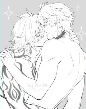 Rule 34 | 2boys, absurdres, arm tattoo, back, blazingstrife, blush, braid, choker, closed eyes, closed mouth, commentary, english commentary, facial tattoo, from side, grey background, greyscale, highres, honkai: star rail, honkai (series), male focus, medium hair, monochrome, multiple boys, multiple tattoos, mydei (honkai: star rail), neck tattoo, phainon (honkai: star rail), short hair, shoulder tattoo, side braid, simple background, single braid, sparkle, sun symbol, sun tattoo, tan, tattoo, toned, toned male, twitter username, yaoi