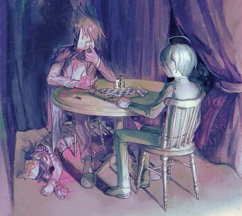 3boys ? ahoge black_hair black_jacket blood blood_on_clothes blood_on_hands blood_stain chair checkered_clothes checkered_scarf chessboard collared_jacket commentary_request covering_face curtains danganronpa_(series) danganronpa_v3:_killing_harmony death grey_background hair_between_eyes highres holding jacket jacket_partially_removed long_sleeves lying male_focus momota_kaito multiple_boys oma_kokichi on_chair on_floor on_side pants pink_blood playing_chess purple_hair saihara_shuichi scarf shirt short_hair sitting slippers spiked_hair spoilers sukumoku table two-tone_scarf