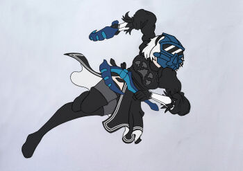 1girl absurdres bionicle black_dress black_footwear black_hairband boots covered_eyes dress feather-trimmed_sleeves hairband highres hook juliet_sleeves lego long_sleeves mask nier_(series) nier:automata no_blindfold puffy_sleeves ribbed_dress silver_hair the_lego_group thigh_boots thighhighs thighhighs_under_boots vambraces 2b_(nier:automata)