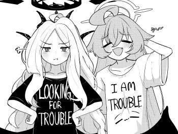 2girls absurdres ahoge blue_archive closed_eyes commentary demon_horns english_commentary fang hair_flaps halo hands_on_own_hips highres hina_(blue_archive) horns hoshino_(blue_archive) i'm_stuff_(meme) long_hair manmaderain matching_outfits meme multiple_girls pout shirt simple_background t-shirt white_background