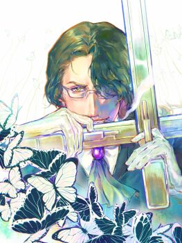 Rule 34 | 1boy, black butterfly, black vest, brooch, brown hair, bug, butterfly, crossed weapons, curtained hair, dual wielding, e.g.o (project moon), frills, glasses, gloves, gregor (project moon), gun, hair over one eye, handgun, hellsing, highres, holding, holding gun, holding weapon, insect, jewelry, limbus company, looking at viewer, male focus, monarch butterfly, narrowed eyes, official alternate costume, project moon, qilin1689, shirt, smirk, solemn lament (e.g.o), solo, upper body, vest, weapon, white butterfly, white gloves, white shirt, yellow eyes
