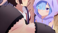 &gt;_&lt; 1boy 2girls @_@ agatsuma_makina akutsu_eita android animated anime_screenshot ass babydoll banana bed black_babydoll black_panties black_ribbon black_thighhighs blue_eyes blue_hair bouncing_breasts breasts brown_hair cameltoe chair cleavage collarbone constricted_pupils covered_erect_nipples fang food fruit girl_on_top glasses gradient_hair hair_over_one_eye hair_ribbon hand_on_own_hip hanging_breasts heartbeat highres hood imminent_kiss imose_mimika kakushite!_makina-san!! large_breasts long_hair multicolored_hair multiple_girls navel on_bed orange_hair panties pink_hair purple_vest red_hair red_skirt ribbon robot robot_girl school_uniform scrunchie shirt short_shorts shorts sideboob sitting skin_fang skirt smile sound stomach tagme thighhighs thighs thong underboob underwear vest video white_shirt wrist_scrunchie