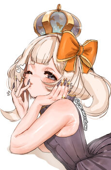 1girl armpits artist_name black_dress black_nails blonde_hair blush bow breasts commentary crown dot_nose dress english_commentary finger_to_mouth fingernails fish from_side gold_nails goldfish grey_eyes hair_bow heart high_collar highres jewelry long_fingernails looking_at_viewer lying marimari_(vtuber) medium_hair on_stomach one_eye_closed orange_bow parted_lips phase_connect pleated_dress ring sharp_fingernails short_eyebrows side_ponytail simple_background sleeveless sleeveless_dress small_breasts solo sparkle upper_body vacantstone virtual_youtuber white_background