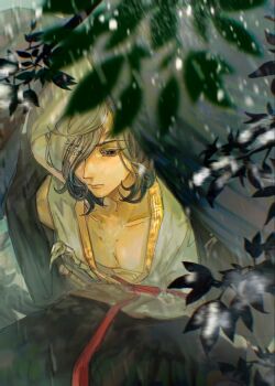 Rule 34 | 1boy, bird wings, black eyes, bone weapon, brown hair, brown wings, chinese clothes, commentary, e2 (ee932930), eyes visible through hair, flute, getian (reverse:1999), grey eyes, hair over one eye, hanfu, harpy boy, heterochromia, highres, instrument, leaf, male focus, monster boy, reverse:1999, short hair, solo, untranslatable commentary, upper body, white hanfu, winged arms, wings