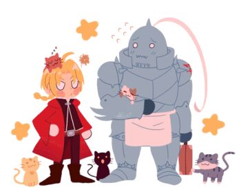2boys :&lt; :3 ahoge alphonse_elric animal animal_on_head animated animated_gif apron arm_at_side armor belt black_cat blonde_hair blush boots braid brothers cat cat_on_head coat commentary edward_elric english_commentary flamel_symbol flying_sweatdrops full_armor full_body fullmetal_alchemist grey_cat holding holding_animal holding_cat holding_suitcase karlix-the-wiz looking_at_another lowres male_focus multiple_boys nervous on_head orange_cat red_coat siblings simple_background sleeping squiggle standing star_(symbol) star_symbol_background suitcase sweatdrop too_many too_many_cats v-shaped_eyebrows white_background white_cat zzz