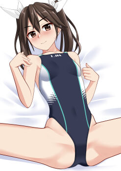 1girl absurdres black_one-piece_swimsuit blush breasts brown_eyes brown_hair clothes_writing commentary_request competition_swimsuit covered_navel cowboy_shot hair_ribbon highleg highleg_one-piece_swimsuit highres kantai_collection long_hair lying multicolored_swimsuit nose_blush one-piece_swimsuit ribbon small_breasts solo spread_legs swimsuit takafumi tone_(kancolle) twintails variant_set