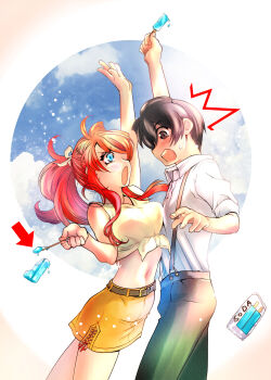 Rule 34 | absurdres, arm up, arrow (symbol), black eyes, black hair, black overalls, black pants, blush, breast press, commission, embarrassed, food, freckles, gemini sunrise, hair tie, hand up, hetero, highres, holding, holding food, holding popsicle, kannah, looking at another, melting popsicle, midriff, navel, notice lines, open mouth, orange skirt, overalls, pants, ponytail, popsicle, red hair, sakura taisen, sakura taisen v, shirt, sidelocks, skeb commission, skirt, sleeveless, suspenders, sweat, taiga shinjirou, tied shirt, white shirt, yellow shirt