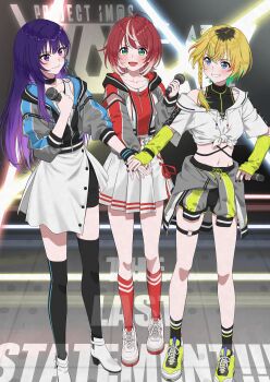 3girls absurdres colored_inner_hair dr._gero_(staedtler_0508) fingerless_gloves gloves highres holding holding_microphone idol idolmaster idolmaster_va-liv kamizuru_cosmo letora_(idolmaster) microphone multicolored_hair multiple_girls stage tomori_manaka two-tone_hair virtual_youtuber