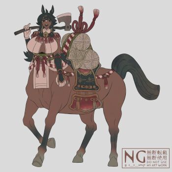Rule 34 | 1girl, absurdres, ahoge, animal ears, armor, artist name, axe, bare shoulders, bell, black eyes, black hair, breasts, centaur, chinese zodiac, commentary request, dark-skinned female, dark skin, doshaburi (kushira), gloves, grey background, hair between eyes, hair rings, hair tubes, hay bale, highres, holding, holding axe, horizontal pupils, horse ears, horse tail, japanese armor, japanese clothes, large breasts, long hair, looking at viewer, monster girl, multiple legs, open mouth, original, rope, saddle, shimenawa, shinto, sidelocks, signature, simple background, smile, solo, standing on three legs, tail, tassel, taur, teeth, upper teeth only, watermark, weapon, year of the horse