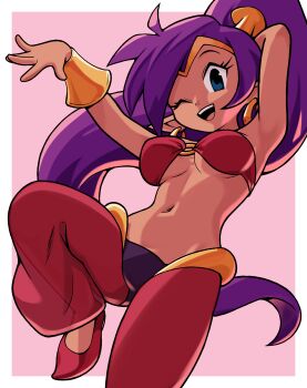 1girl ;d absurdres arm_behind_head arms_up blue_eyes bracer breasts dark-skinned_female dark_skin earrings gato_del_futuro gold_earrings highres hoop_earrings jewelry large_breasts long_hair looking_at_viewer navel o-ring o-ring_top one_eye_closed open_mouth pants pointy_ears ponytail purple_hair red_pants red_shoes see-through_clothes see-through_pants shantae shantae_(series) shoes smile solo stomach teeth underboob upper_teeth_only very_long_hair