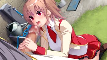 1boy 1girl after_fellatio brown_hair censored collared_shirt cum cum_in_mouth cum_on_tongue day dress_shirt fellatio frilled_skirt frills game_cg grey_shirt hair_between_eyes handjob hetero jacket kneehighs kneeling large_variant_set layered_skirt licking licking_penis loafers long_hair long_sleeves medium_hair miniskirt mosaic_censoring nanao_(mahaya) necktie non-web_source ochite_iku_seisenshi_lunatic_angels official_art open_clothes open_jacket open_mouth oral outdoors penis pleated_skirt red_eyes red_necktie red_skirt school_uniform shindou_makina shirt shoes short_necktie sitting skirt socks solo_focus tongue tongue_out twintails variant_set vest white_shirt wing_collar yellow_jacket yellow_vest