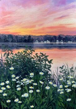 blue_sky building cloud cloudy_sky commentary english_commentary flower gradient_sky highres kate_avery lake no_humans oil_painting_(medium) original outdoors painting_(medium) purple_sky real_world_location reflection reflective_water scenery sky traditional_media twilight water white_flower
