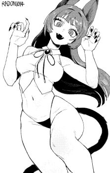 Rule 34 | 1girl, animal ears, bikini, bikini bottom only, black hair, bow, bowtie, breasts, cat ears, cat girl, cat tail, claw pose, commentary, crop top, english commentary, fangs, fingernails, highres, large breasts, long fingernails, long hair, looking at viewer, midriff, monochrome, nail polish, open mouth, original, radon86 nya, shirt, sketch, sleeveless, sleeveless shirt, slit pupils, smile, solo, swimsuit, tail, thighs