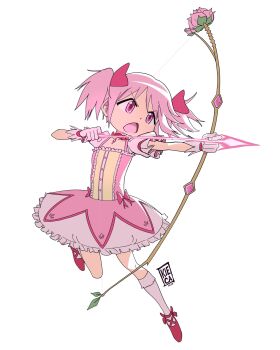 1girl arrow_(projectile) artist_logo bow bow_(weapon) commentary commentary_request drawing_bow dress dress_bow english_commentary frown full_body gloves highres holding holding_bow_(weapon) holding_weapon kaname_madoka kaname_madoka_(magical_girl) kiecaburn logo magical_girl mahou_shoujo_madoka_magica mahou_shoujo_madoka_magica_(anime) open_mouth pink_dress pink_eyes pink_hair puffy_short_sleeves puffy_sleeves red_shoes shoes short_sleeves short_twintails simple_background socks solo twintails weapon white_background white_gloves white_socks