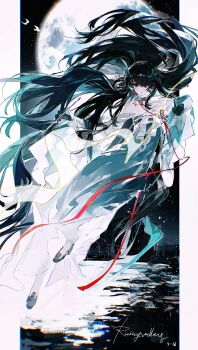 Rule 34 | 1girl, absurdres, arknights, black hair, black shoes, buqiyong, calligraphy brush, chinese clothes, chinese commentary, commentary request, dated, dragon horns, dress, dusk (arknights), dusk (hazy jade) (arknights), eastern dragon horns, floating, floating hair, full body, full moon, gradient hair, green dress, green hair, green hanfu, green horns, hanfu, highres, holding, holding brush, horns, moon, multicolored hair, night, paintbrush, parted lips, red eyes, ruqun, shoes, single bare shoulder, solo, wide sleeves