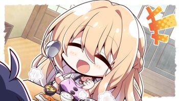 +++ 1boy 1girl ahoge akaneya amakano_2 apron blonde_hair blouse blue_hair blush_stickers bowl braid breasts chibi chibi_only clenched_hands closed_eyes facing_viewer fish hair_between_eyes hands_up happy holding holding_spatula indoors large_breasts long_hair official_art open_mouth out_of_frame purple_apron rice rice_bowl shirt smile solo_focus spatula tsutamachi_chitose wakura_kenichi white_shirt
