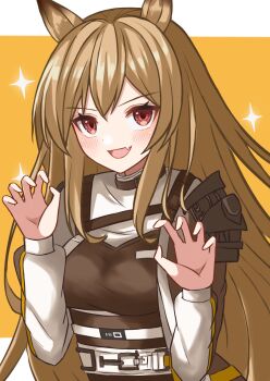 1girl :d animal_ears arknights blonde_hair ceobe_(arknights) claw_pose commentary fang hands_up highres kuwan4971 long_hair long_sleeves looking_at_viewer open_mouth red_eyes shirt skin_fang smile solo sparkle upper_body white_shirt yellow_background