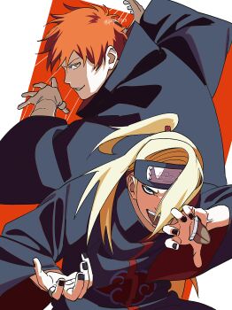 Rule 34 | 2boys, absurdres, akatsuki uniform, black cloak, black nails, blonde hair, blue eyes, cloak, deidara (naruto), forehead protector, hand mouth, highres, iwagakure symbol, jewelry, long hair, long sleeves, looking at viewer, male focus, multiple boys, naruto (series), naruto shippuuden, orange eyes, orange hair, pnpk 1013, puppet strings, ring, sasori (naruto), short hair, simple background, teeth, twitter username, wide sleeves