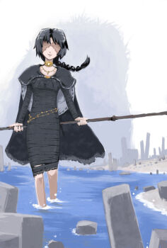 1girl bandages black_bandages black_cloak braid cloak closed_mouth commentary_request demon's_souls floating_hair gold_necklace holding holding_staff imuhata_shimuro jewelry long_hair maiden_in_black neck_ring necklace single_braid smile staff the_old_one translation_request wading water