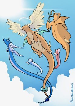 alternate_color alternate_shiny_pokemon blue_eyes blue_sky claws closed_eyes closed_mouth cloud colored_skin dragon dragonair dragonite dratini evolutionary_line feathered_wings flying flyingrotten full_body gen_1_pokemon happy head_wings highres horns mega_dragonite mega_pokemon nintendo no_humans pokemon pokemon_(creature) pokemon_focus shiny_pokemon single_horn sky smile tail wings