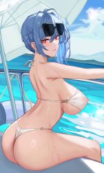 Rule 34 | 1girl, absurdres, armpits, ass, azur lane, back, bikini, blue hair, blush, breasts, commentary request, covered erect nipples, earrings, eyewear on head, hand out of frame, highres, jewelry, large breasts, looking at viewer, official alternate costume, official alternate hairstyle, outstretched arm, parasol, red eyes, side ponytail, sitting, solo, st. louis (an afternoon on the lido deck) (azur lane), st. louis (azur lane), sunglasses, swimsuit, thighs, umbrella, water, wet, white bikini, yaoshan shi