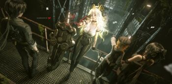 3girls absurdres arm_strap black_bow black_choker black_gloves black_hair black_hat black_horns black_jacket black_pants black_shoes blonde_hair bow breasts button_gap can choker cleavage collarbone colleen_(wuthering_waves) commentary curled_horns drink_can drinking dual_persona english_commentary female_rover_(wuthering_waves) gloves hair_between_eyes hair_bow hat high-waist_pants highres holding holding_can horns jacket jvn large_breasts long_hair low_ponytail male_rover_(wuthering_waves) multiple_boys multiple_girls pants parted_lips ponytail red_eyes rover_(wuthering_waves) shirt shirt_tucked_in shoes tail tight_clothes tight_pants time_paradox white_shirt wuthering_waves zani_(wuthering_waves)