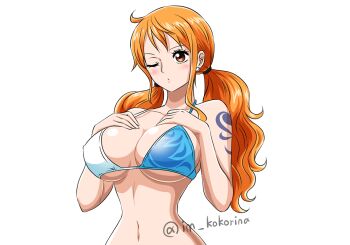 1girl bare_arms bare_shoulders bikini blue_bikini blush breasts brown_eyes cleavage closed_mouth commentary earrings halterneck hands_on_own_chest jewelry kokorina-s large_breasts long_hair low_twintails multicolored_bikini nami_(one_piece) narrow_waist navel one_eye_closed one_piece orange_hair pearl_earrings shoulder_tattoo sidelocks solo stomach swimsuit tattoo twintails twitter_username two-tone_bikini upper_body wavy_hair white_background white_bikini