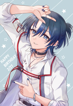 Rule 34 | 1girl, belt collar, blue background, blue eyes, blue hair, blue nails, bracelet, chain, collar, collarbone, earclip, happy birthday, highres, hiodoshi ao, hololive, hololive dev is, jewelry, nail polish, ring, solo, sp rikichi09, virtual youtuber