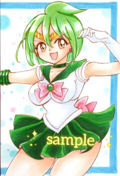 1girl :d ai_tenshi_densetsu_wedding_peach back_bow bishoujo_senshi_sailor_moon bow brooch brown_eyes china_(mac1voice) choker circlet collarbone cosplay cowboy_shot crossover earrings flower_earrings genre_connection green_choker green_hair green_sailor_collar green_skirt hair_between_eyes highres jewelry looking_at_viewer magical_girl miniskirt open_mouth pink_bow polka_dot polka_dot_background sailor_collar sailor_jupiter sailor_jupiter_(cosplay) sailor_jupiter_pose sailor_senshi_uniform sample_watermark short_hair skirt smile solo standing tamano_hinagiku trait_connection watermark