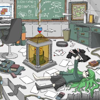 Rule 34 | 1girl, aiu404l, board eraser, chalkboard, computer, crt, desk, dialogue box, game console, glasses, green hair, green sweater, indoors, jaggy lines, long hair, lying, messy room, on back, on floor, on ground, paper airplane, pleated skirt, sign, single sock, skirt, socks, solo, sweater, tagme, trash can, warning sign, wii u