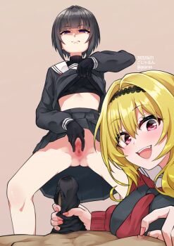 1boy 2girls :d black_bra black_eyes black_gloves black_hair black_hairband black_panties black_serafuku black_skirt blonde_hair blur_censor bra brown_background censored closed_mouth commentary_request dated gloves gluteal_fold gojarun hairband handjob highres idolmaster idolmaster_cinderella_girls kurosaki_chitose looking_at_viewer medium_hair multiple_girls neckerchief open_mouth panties panties_on_penis penis pink_eyes pov pussy red_neckerchief school_uniform serafuku shirayuki_chiyo short_hair simple_background skirt smile spread_pussy spreading_own_pussy teeth twintails underwear upper_teeth_only