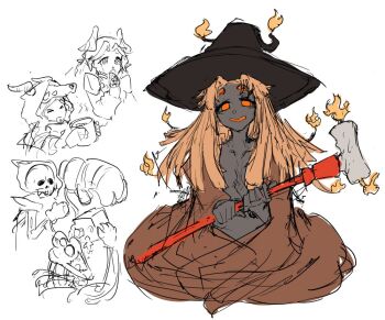 1girl candle cane commentary_request dark_skin hat large_hat long_hair orange_eyes sitting sketch slay_the_spire slay_the_spire_2 smile tezcatara_(slay_the_spire) the_defect_(slay_the_spire) the_necrobinder_(slay_the_spire) the_regent_(slay_the_spire) the_silent_(slay_the_spire) thousand_chimer