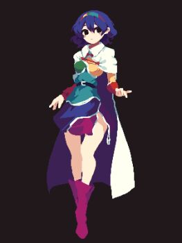1girl 4qw5 bare_legs belt black_background black_eyes blue_hair boots breasts cape collared_cape dress full_body hairband highres looking_at_viewer medium_breasts medium_hair multicolored_clothes multicolored_hairband patchwork_clothes pixel_art purple_boots rainbow_order short_dress simple_background solo standing tenkyuu_chimata touhou white_cape zipper zipper_pull_tab